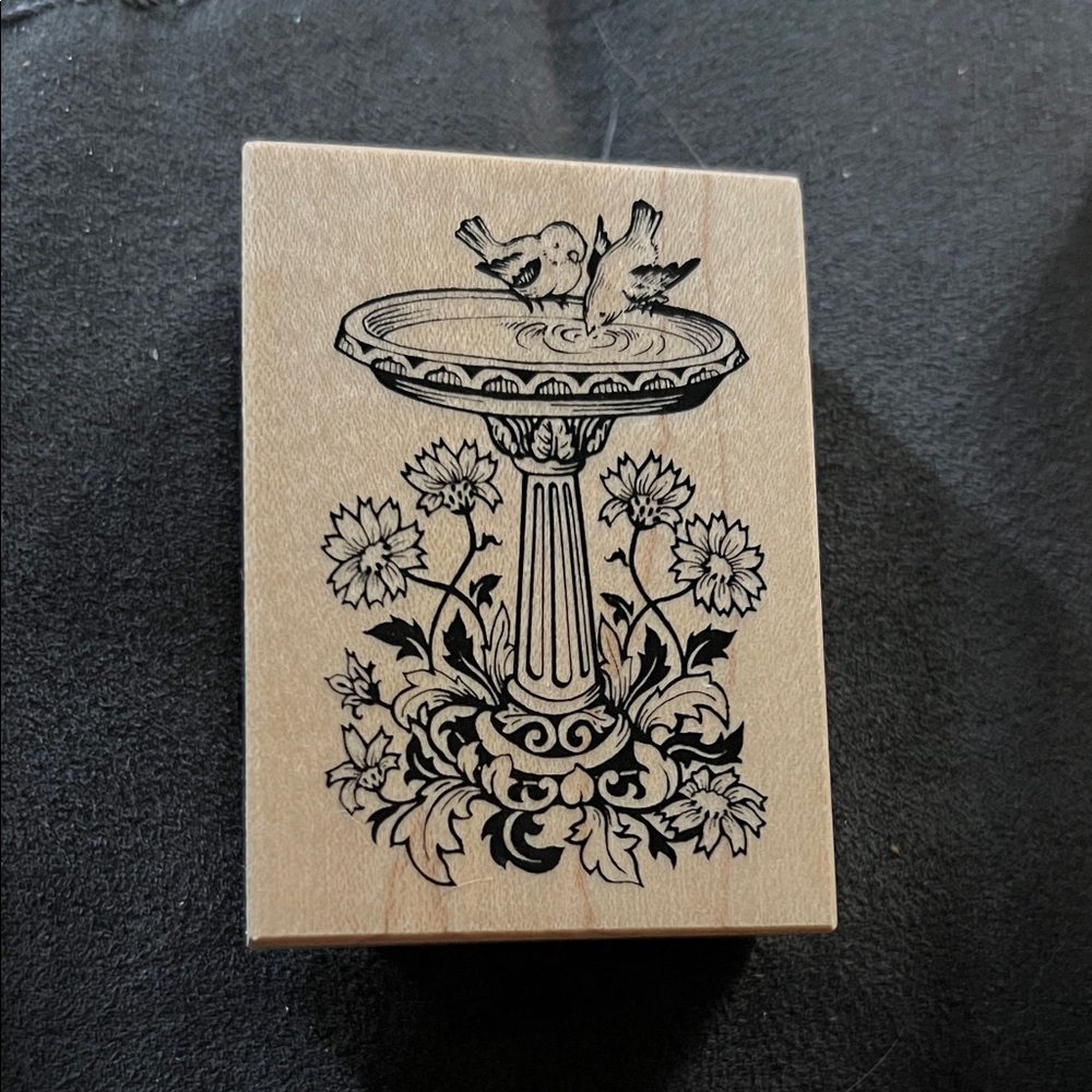 Bird Bath Rubber Stamp with Floral Design
